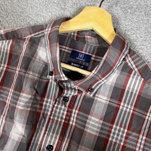 George Button Down Shirt Mens XL Gray Red Plaid Excellent Classic Fit Pocket